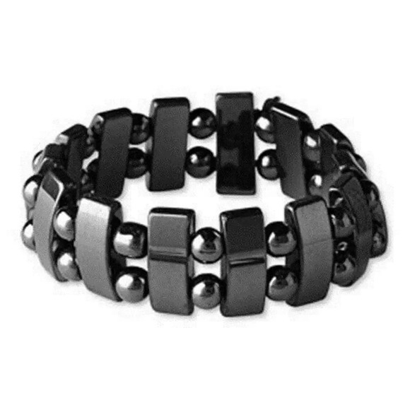 Chunky Gunmetal Hematite Rectangle & Round Gemstone Beads 7" Stretch Bracelet - Picture 1 of 1